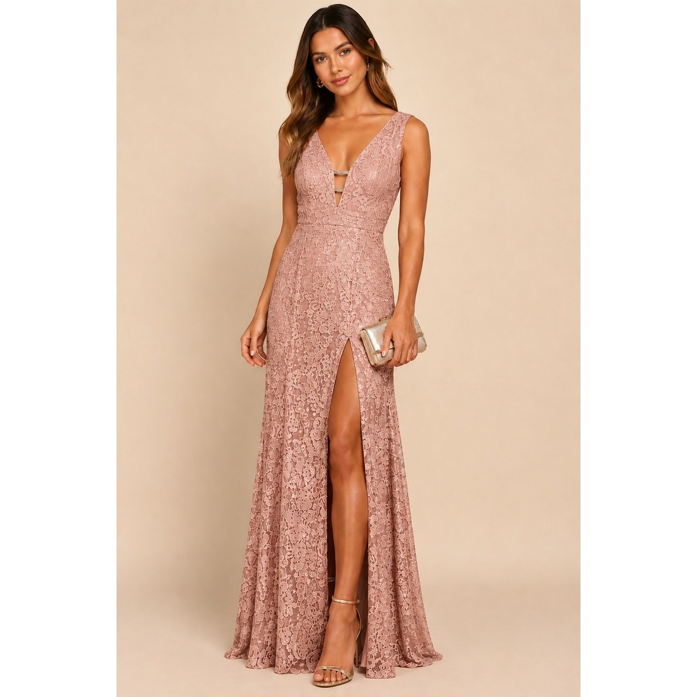 NWT Showpo Madison Maxi Dress Blush Pink Lace Plunge Neck Slit Formal Gown M
